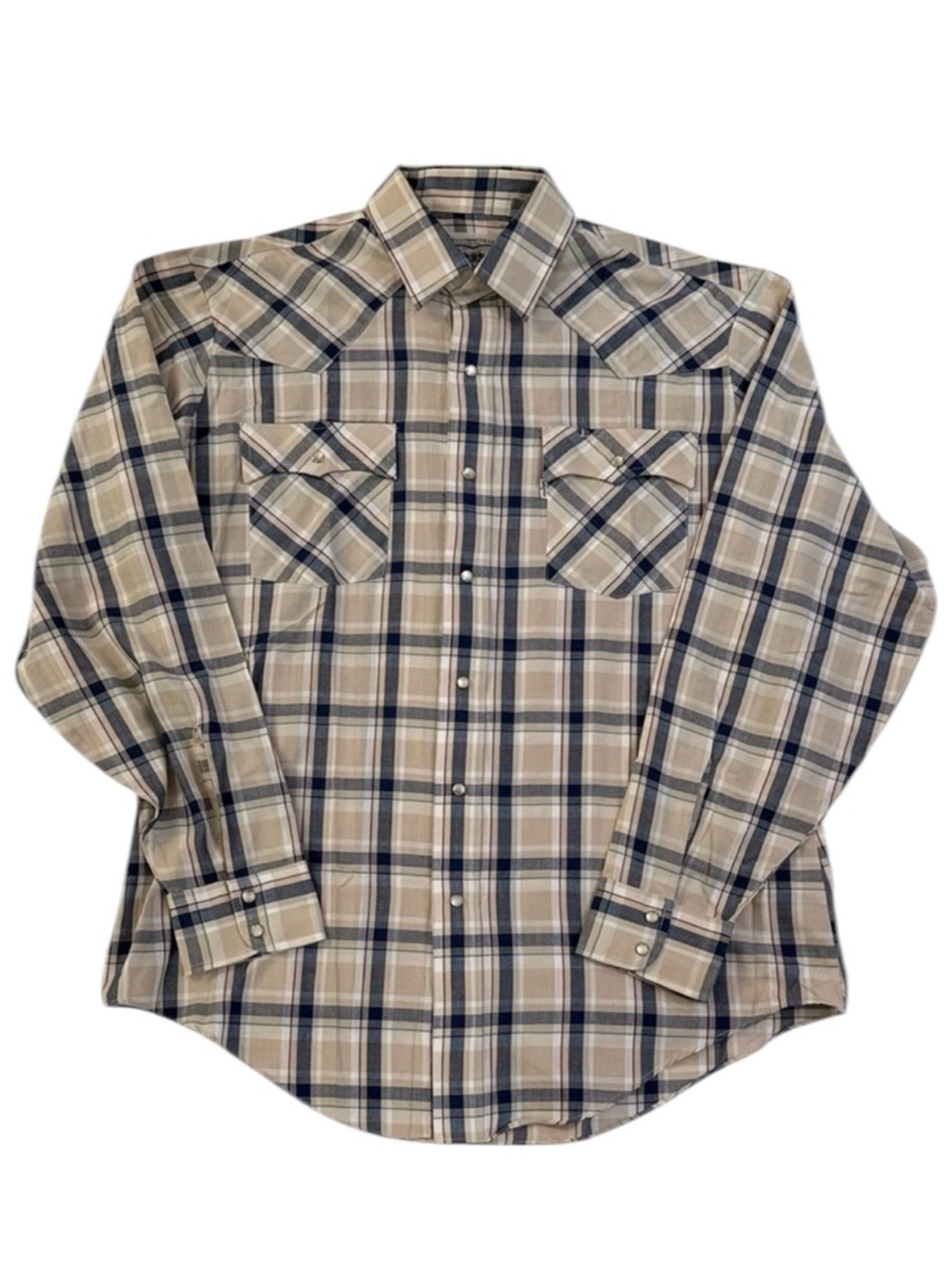 Vintage Levi’s Pearl Snap Western Plaid Shirt Tan Black Cowboy USA Mens Large